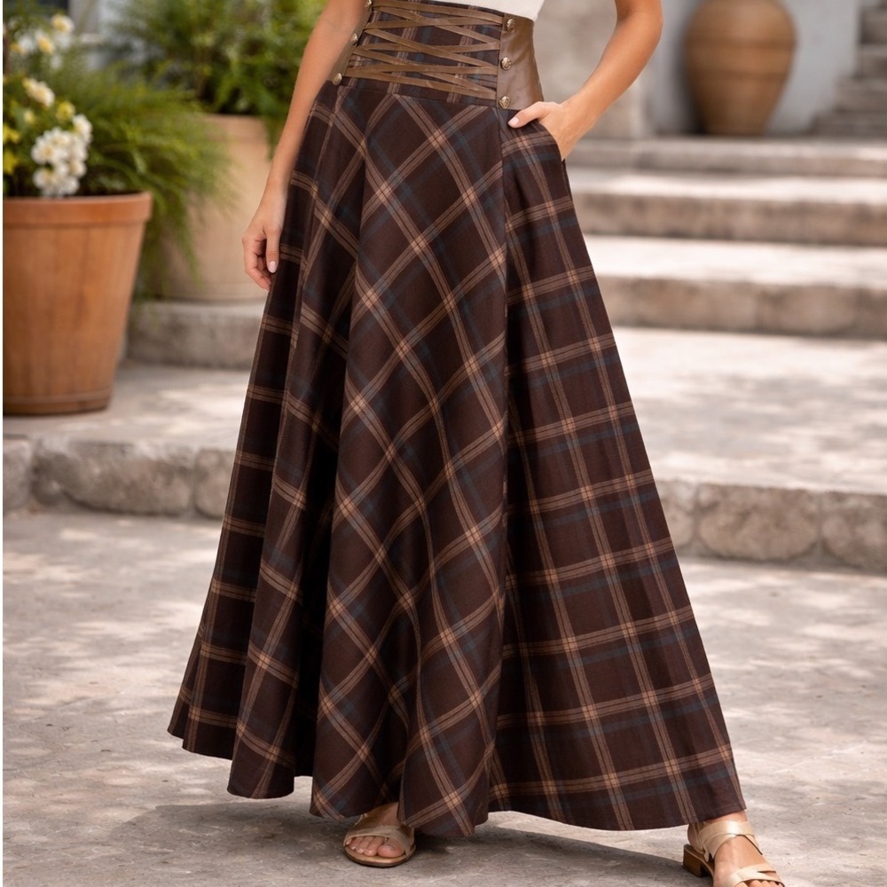 Brown Plaid Maxi Skirt with Corset Waist